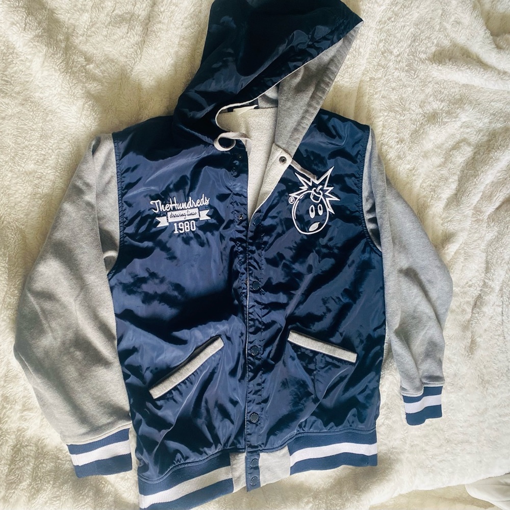 The Hundreds Blue and Gray Hooded Varsity Jacket